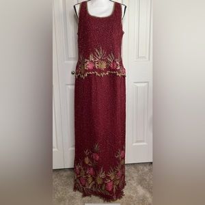 Women's Dress Red and Gold 100% Silk Embellished Sleeveless Made in India Sz XL